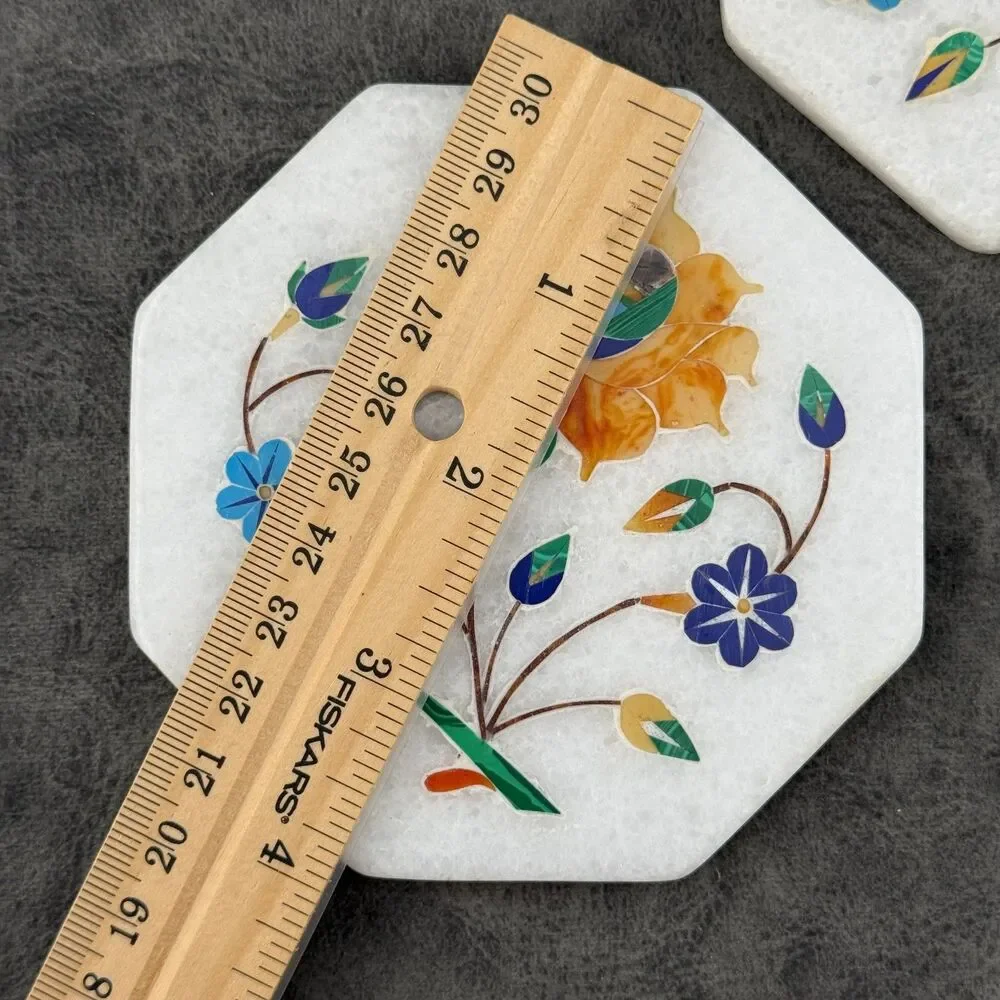 TWO (2) Handmade White Stone Tiles Coasters Inlaid Lapis Pietradura Floral 4